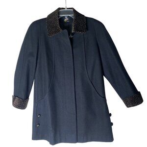 Vintage JAD Womens Large Black Wool Coat With Leopard Print Collar & Cuffs